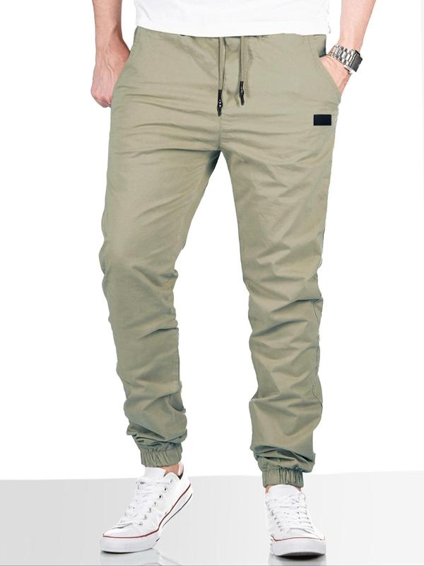 Men's Solid Pocket Drawstring Waist Pants, Regular Fit Casual Comfy Straight Leg Trousers for Daily Wear, Woven Bottoms for All Seasons