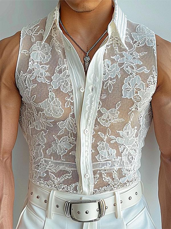 Men's Floral Hollow Out Button Front Tank Top, Regular Fit Sleeveless Collar Sheer Top for Party Club, Fashion Men's Clothes for Summer