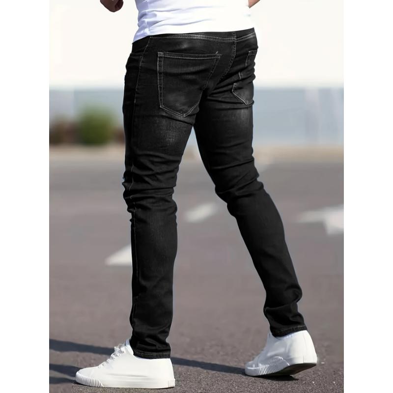 Stretchy Comfort Fit Slim Jeans - Men's Mid-Rise Solid Color Cotton Denim Pants for Spring and Summer - Breathable, Soft, and Versatile Casual Wear