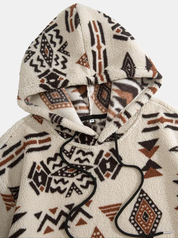 Men's Tribal Print Drop Shoulder Fuzzy Hoodie, Fashion Casual Regular Fit Drawstring Pocket Hooded Sweatshirt for Daily Holiday Outdoor Wear, Men Clothes for Fall & Winter