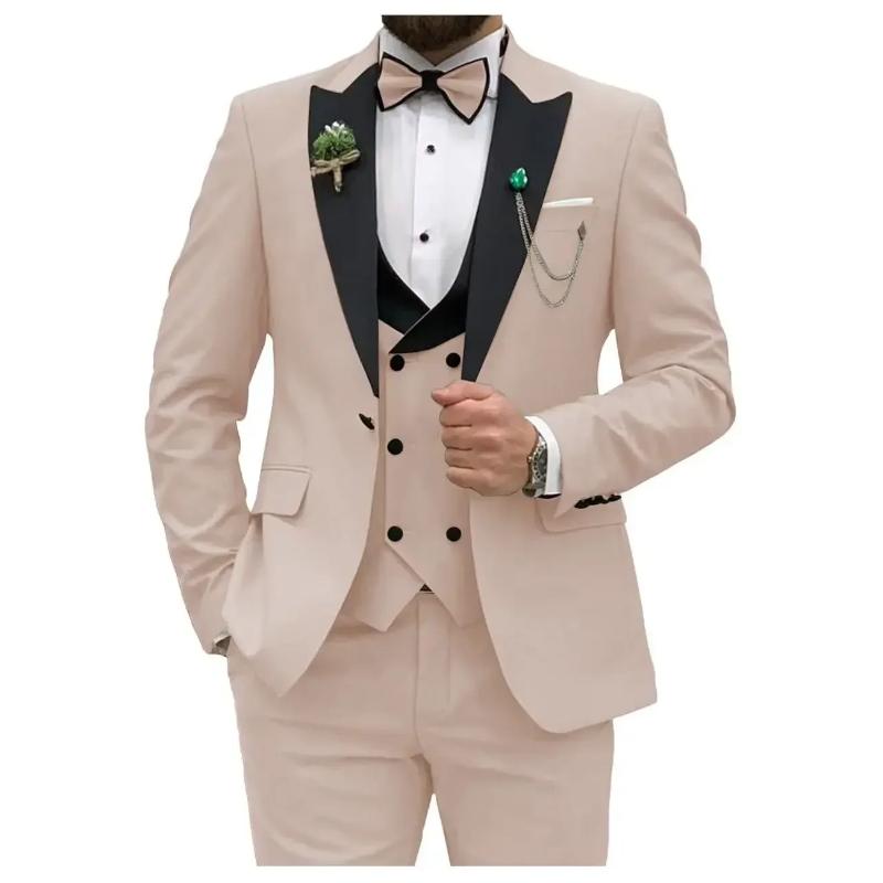 Blue Men Suits Slim Fit 3 Piece Double Breasted Suit Men Wedding Prom Party Business(Blazer+Vest+Pants) Wedding Suits for Men Menswear Chinese Festival Office Formal Workwear Long Sleeve Beige Customized Formal Wear Plain Sleeveless