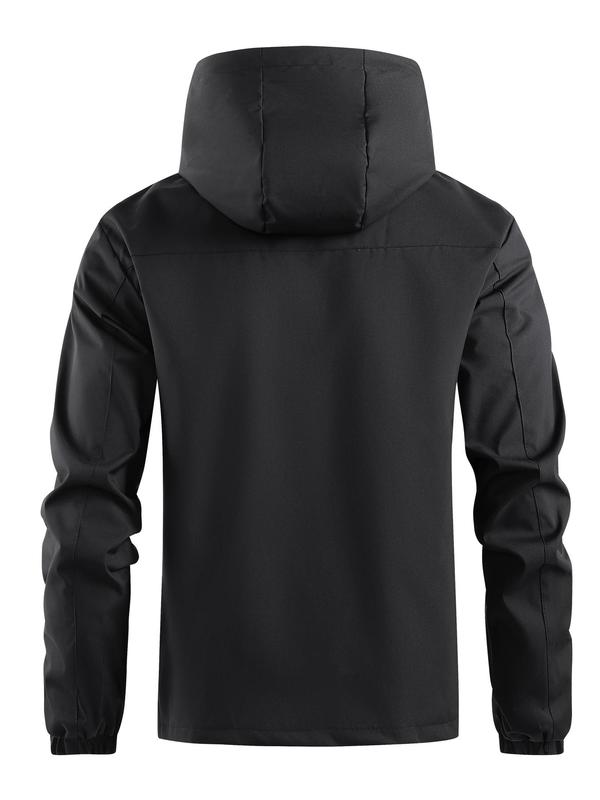 Men's Solid Zip Up Windproof Waterproof Hooded Jacket, Regular Fit Casual Long Sleeve Drawstring Pocket Jacket for Fall & Winter, Men's Outerwear for Daily Wear