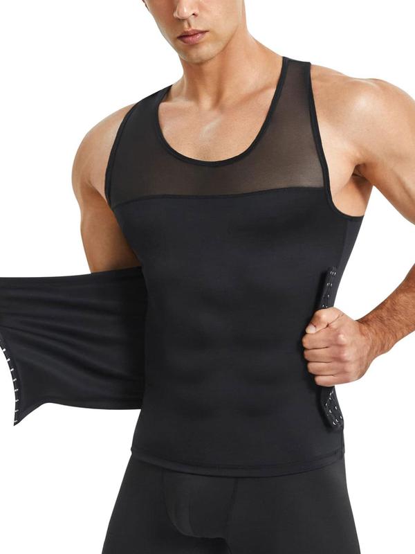 Men's Contrast Mesh Shapewear Tank Top, Adjustable Hook & Eye Compression Fajas Vests, Summer Tummy Control Shaper