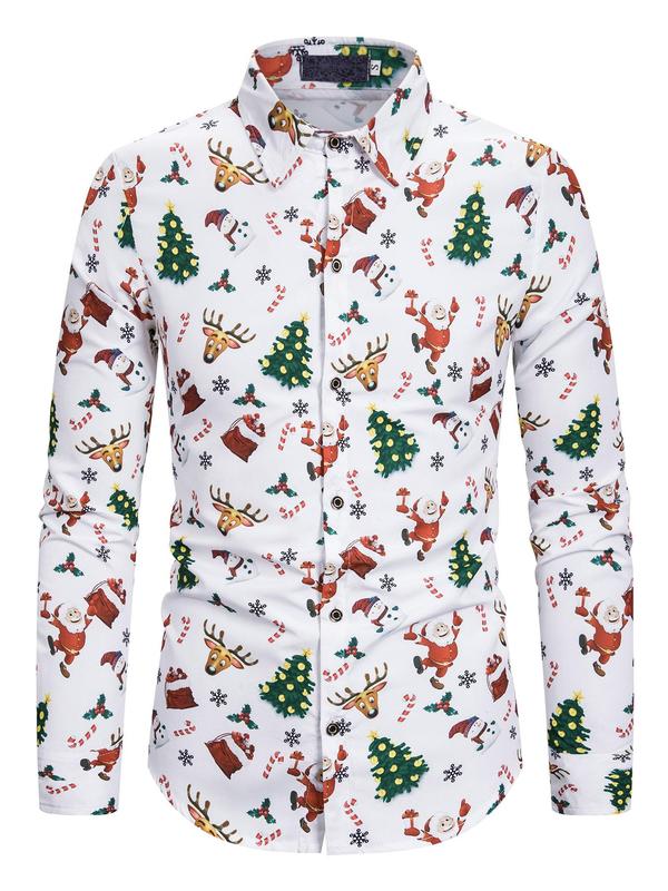 Men's Christmas Print Button Front Shirt, Regular Fit Casual Long Sleeve Collared Top for All Seasons, Men's Clothes for Daily Wear