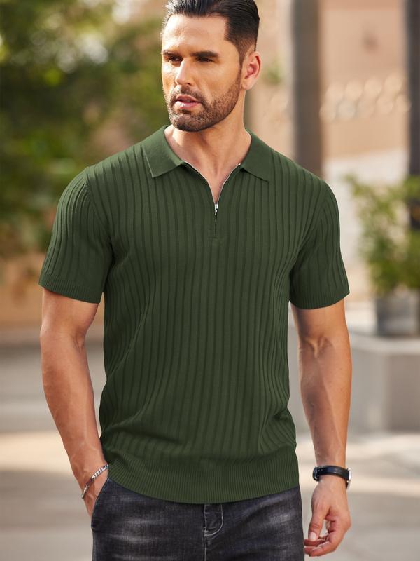 COOFANDY New York Fashion Week Men's Zipper Polo Shirts Short Sleeve Ribbed Knit Polo T Shirts Fashion Casual Golf Shirts Fabric Menswear Classic