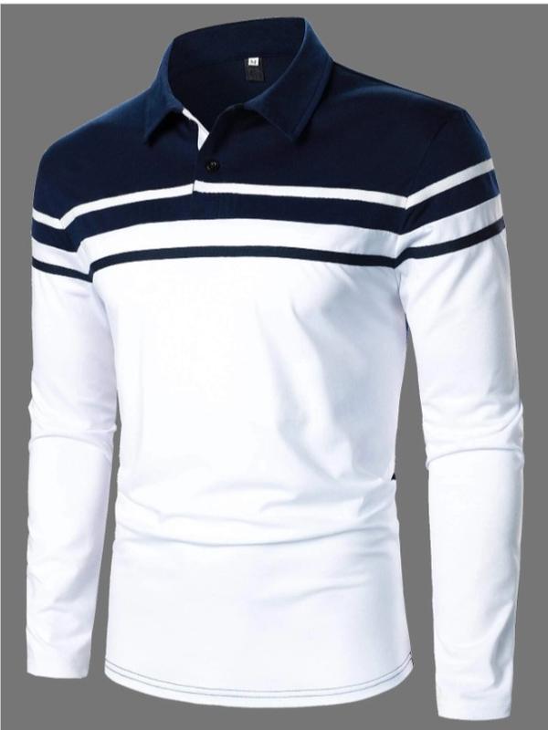 Men Color Block Contrast Tape Polo Shirt Winter Autumn Menswear Top Stylish Long Sleeve