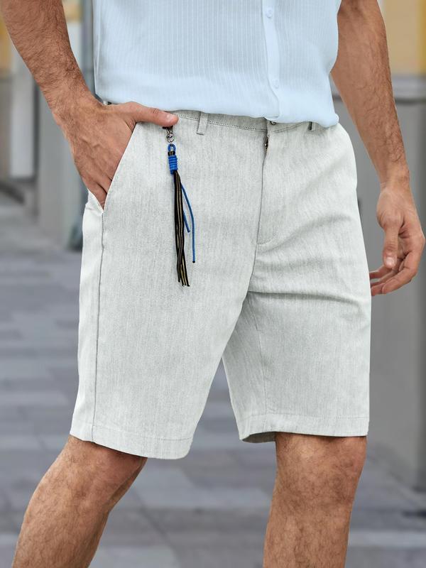 Men's Pocket Tassel Pendant Shorts, Regular Fit Casual Solid Button Fly Bermuda Shorts, Men's Streetwear Bottoms for Daily Wear