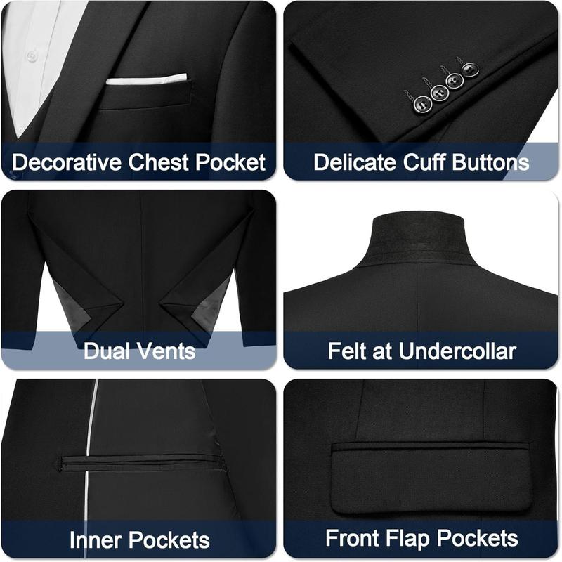 Mens Suit Tuxedo Set Slim Fit Suits 3 Piece One Button Prom Wedding Blazer Vest Pants with Bow Tie