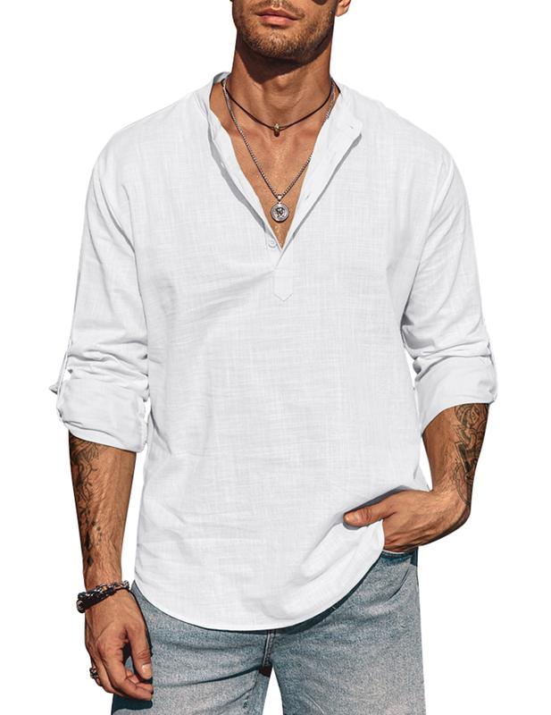 COOFANDY New York Fashion Week Men's Cotton Linen Henley Shirt Long Sleeve Hippie Casual Beach T Shirts Menswear Soft Beach Wear Breathable Vneck Fashion