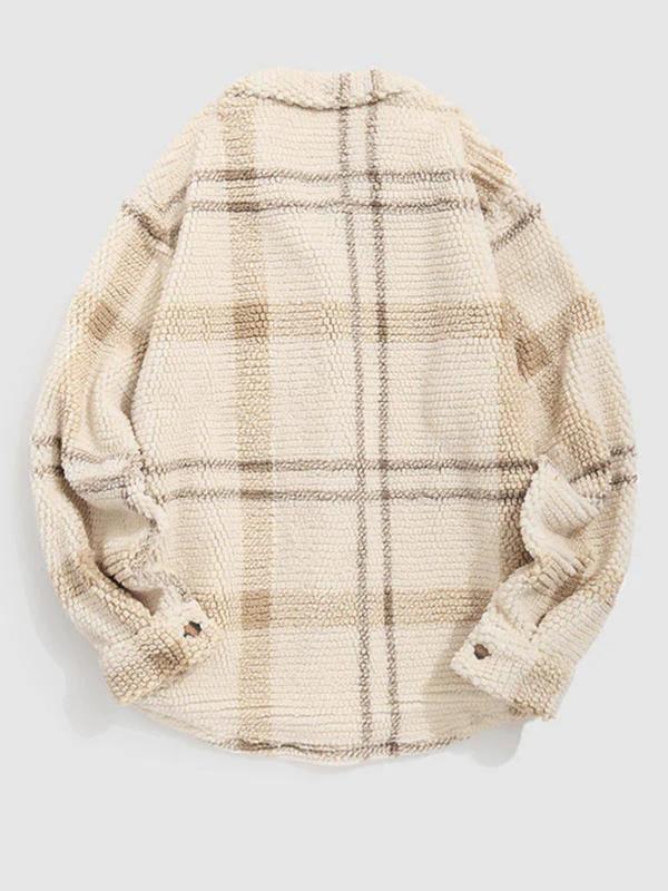 Men's Plaid Print Button Front Fleece Winter Jacket, Casual Regular Fit Long Sleeve Pocket Outerwear for Fall & Winter, Men's Clothes for Daily Wear