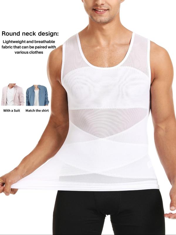 Men's Plain U Neck Sheer Tulle Shapewear Tank Top, Minimalist High Stretch Tummy Control Shaper Vest, Men's Shapewear for Summer