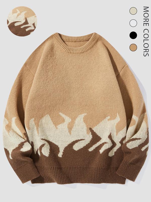 Unisex Men's Fire Print Drop Shoulder Crewneck Sweater, Loose Casual Long Sleeve Round Neck Jumper Knitwear for Fall & Winter, Fall Sweaters, Streetwear Sweaters, Y2k Freaky Knitting Pullover Top, Menswear Tops