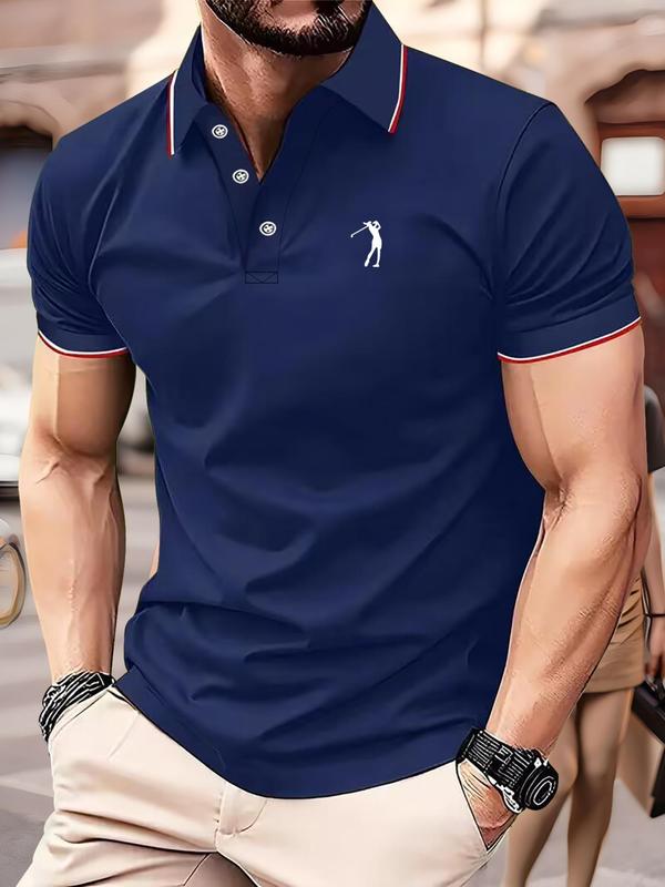 Men's Regular Fit Golf Player Print Contrast Binding Polo Shirt, Casual Short Sleeve Button Front Top for Summer, Fashion Men's Clothes for Outdoor Sports