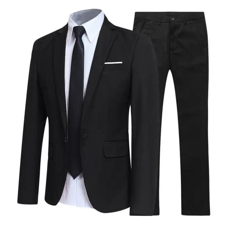 Men Suit Set Turndown Collar Lapel Pockets Buttons Groom Suit Set Solid Color Blazer Suit Pants Two Pieces Set Stylish Men Sets