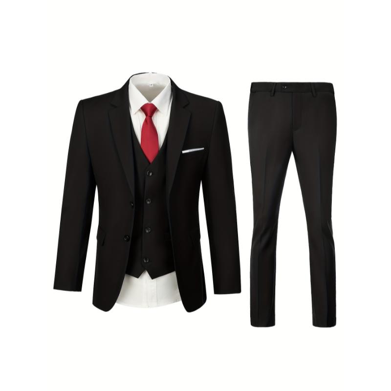 Plus Size Men's 3Pcs Suit Set, Fashionable Groomsman Wedding Attire, Solid Suit Jacket & Waistcoat & Suit Pants Set