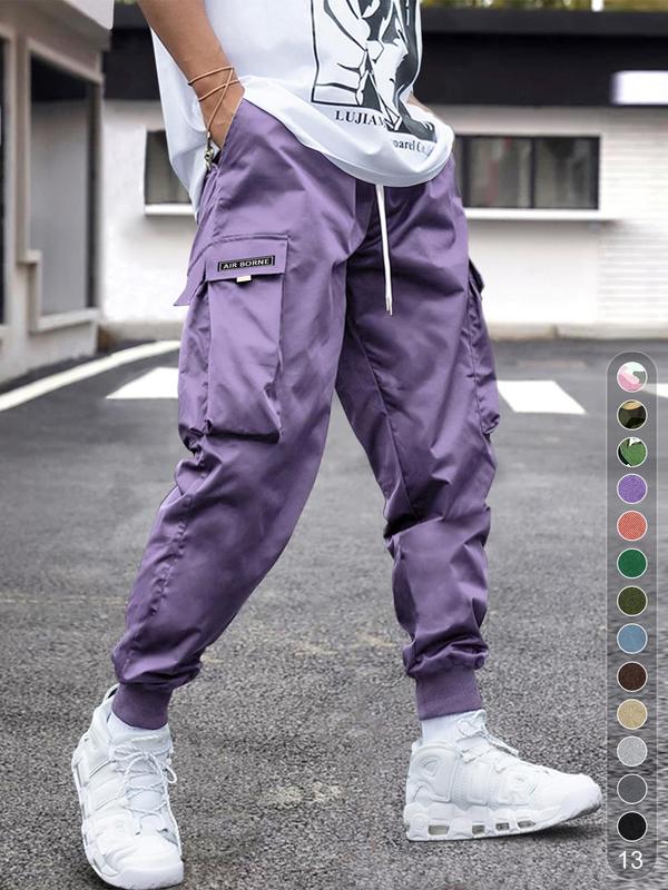 Men's Plain Loose Patched Flap Pocket Drawstring Waist Cargo Pants, Drippy Outfits, Mens Clothing, Casual Street Wear Jogger Pants for Fall, Going Out Outfit, Mens Fall Clothing, Fall Outfits 2024, Back To School Outfits