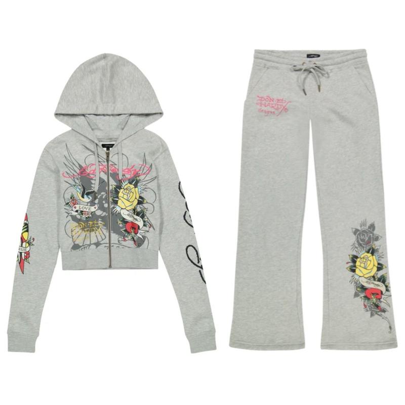 ED HARDY GRAY PINK “rose heart” SET(pants and hoodie) Suits