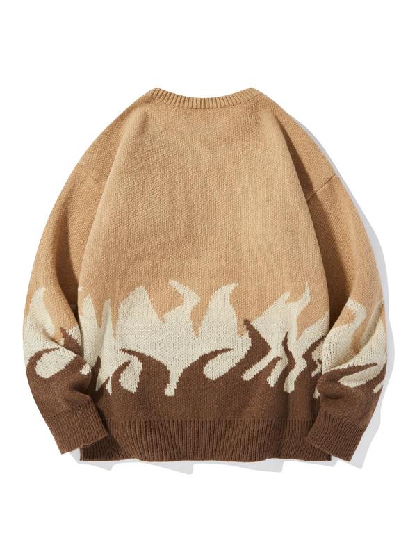 Unisex Men's Fire Print Drop Shoulder Crewneck Sweater, Loose Casual Long Sleeve Round Neck Jumper Knitwear for Fall & Winter, Fall Sweaters, Streetwear Sweaters, Y2k Freaky Knitting Pullover Top, Menswear Tops