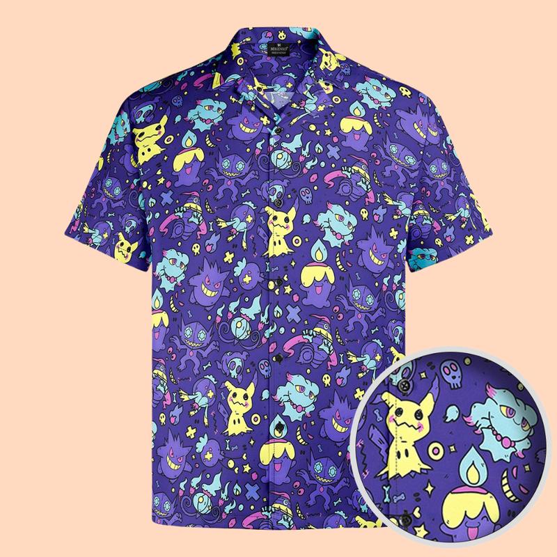Pikachu And Gangar Muma Ghost Hawaiian Shirt, Hawaiian Shirt With Spooky Pokemon Motifs, Chrismast Gift Collar Menswear