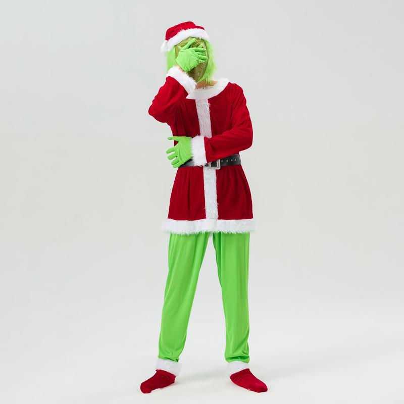 Creative Halloween Costume Set Santa Claus Hat Top Boots Green Hair Monster Mask Gloves Cosplay Costume