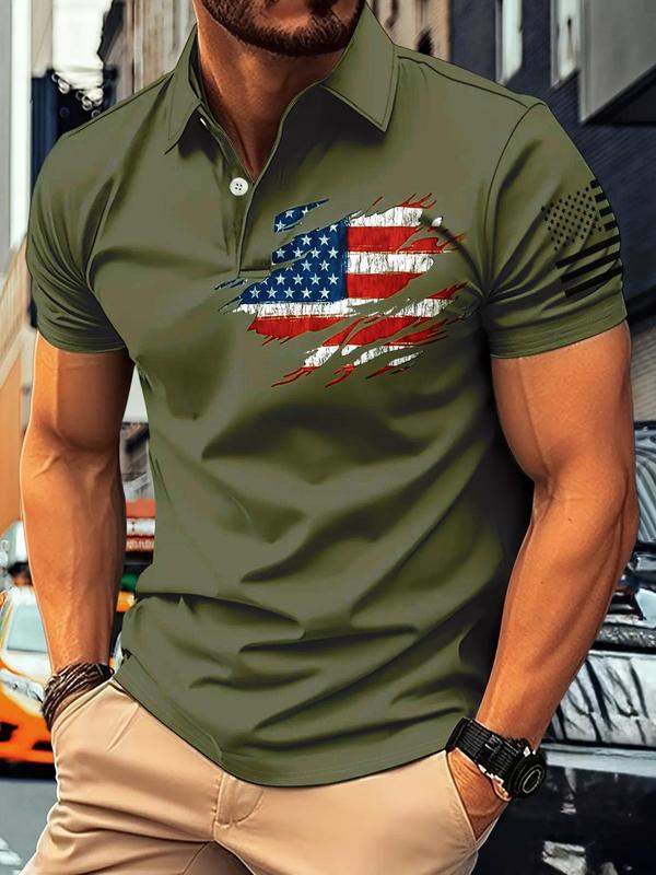 Men's Flag Print Short Sleeve 4th Of July Polo Shirt, Regular Fit Casual Button Front Polo Neck Top, Polo Shirts Men, Fashion Men's Clothes for Summer Daily Wear