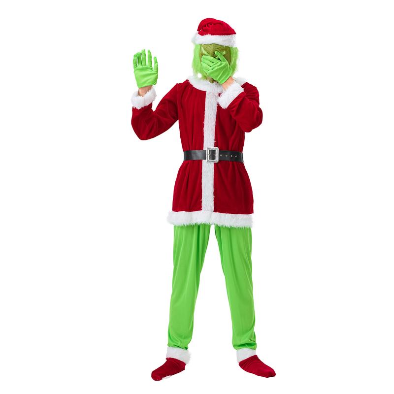 Creative Halloween Costume Set Santa Claus Hat Top Boots Green Hair Monster Mask Gloves Cosplay Costume