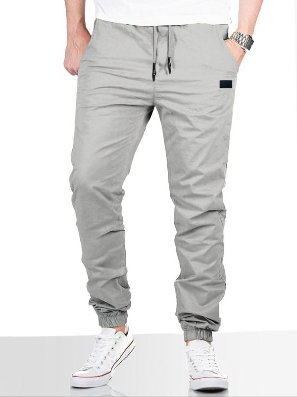 Men's Solid Pocket Drawstring Waist Pants, Regular Fit Casual Comfy Straight Leg Trousers for Daily Wear, Woven Bottoms for All Seasons