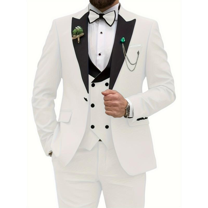 3pcs Men's Suits Set, Slim Fit Double Breasted Suit Vest + Long Sleeve Classic Lapel Jacket  Pant Clothing For  BanquetMenswear Gamis Collar Overalls