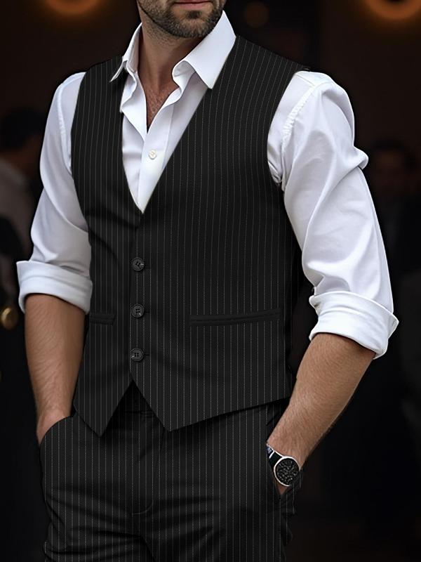 Men's Striped Print Button Front V Neck Waistcoat without Shirt, Slim Fit Casual Sleeveless Blazer Vest for Party, Fashion Men's Clothes for All Seasons