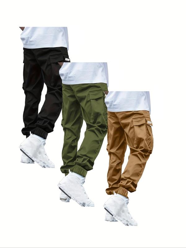  Men's Solid Color Patched Drawstring Waist Cargo Pants, Casual Elastic Waist Flap Pocket Trousers for Daily Wear, Men's Bottoms for All Seasons