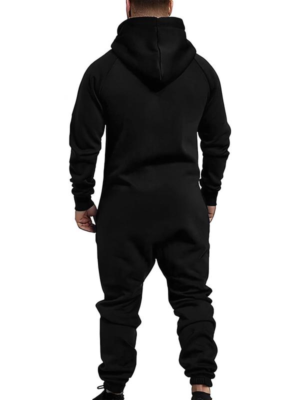 Men's Solid Zip Up Drawstring Hooded Jumpsuit, Regular Fit Casual Long Sleeve Pocket Jumpsuit for Fall & Winter, Men's Sleepwear for Indoor Wear