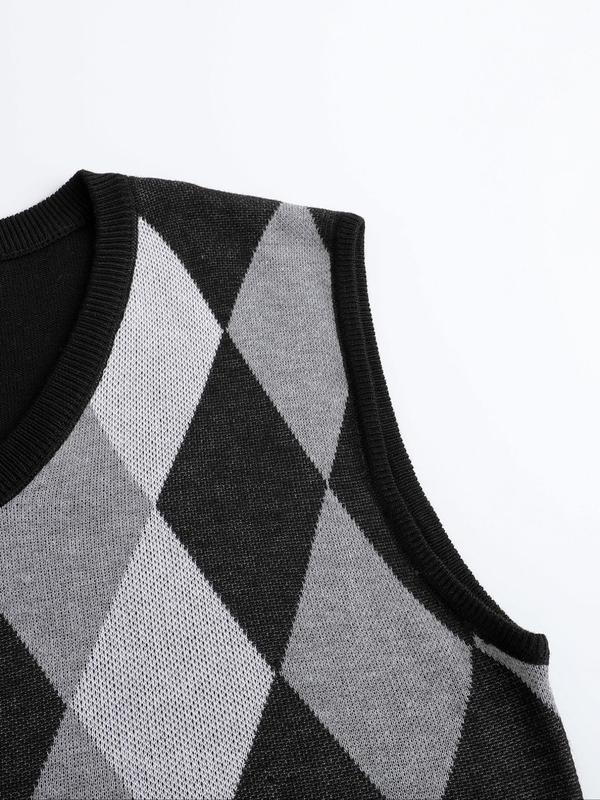 Men's Geometric Print V Neck Sweater Vest, Fall Outfits, Fallfreshness Regular Fit Casual Sleeveless Jumper Vest for Fall & Winter, Men's Knitwear for Daily Wear