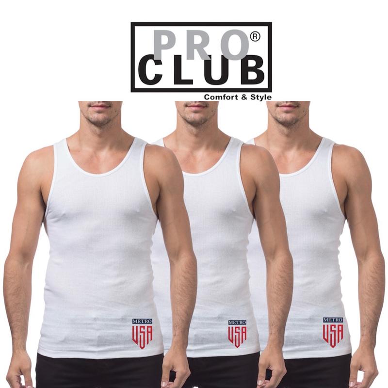 PRO CLUB Premium Ringspun Cotton Ribbed A-shirt Underwear Summer Top, 3 Pack Single color Streetwear Comfort Sleeveless Tshirt Basic Menswear Man