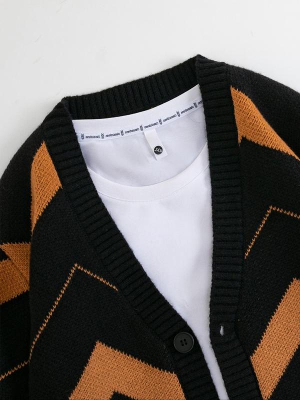 Men's Chevron Print Button Front Cardigan, Loose Casual Drop Shoulder Long Sleeve V Neck Knitwear for Fall & Winter, Men's Knit Clothing for Daily Wear