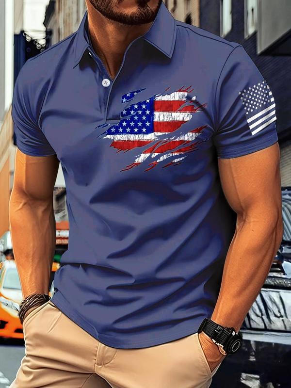 Men's Flag Print Short Sleeve 4th Of July Polo Shirt, Regular Fit Casual Button Front Polo Neck Top, Polo Shirts Men, Fashion Men's Clothes for Summer Daily Wear