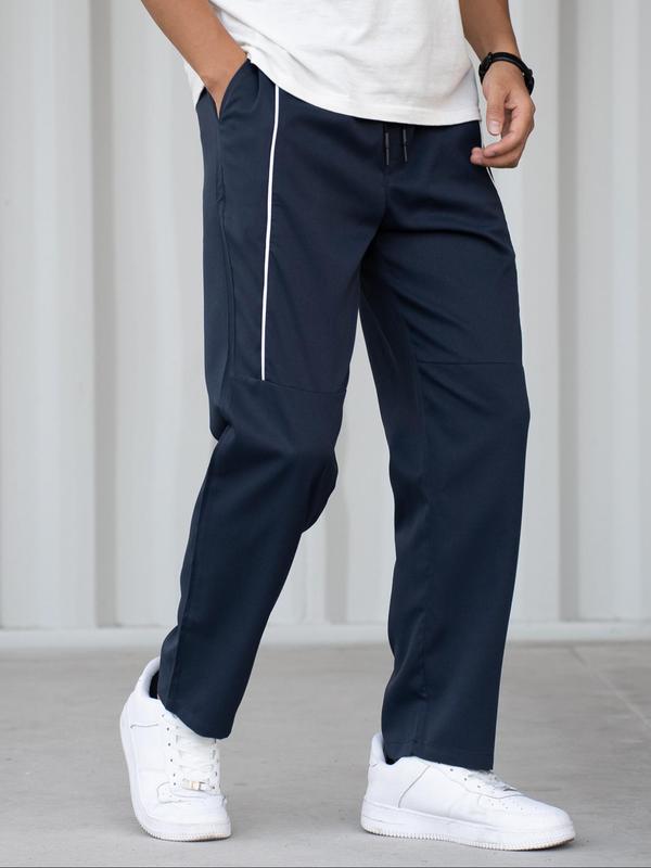 Men's Solid Drawstring Waist Pocket Pants, Regular Fit Casual Comfy Straight Leg Trousers for Daily Wear, Men's Bottoms for All Seasons