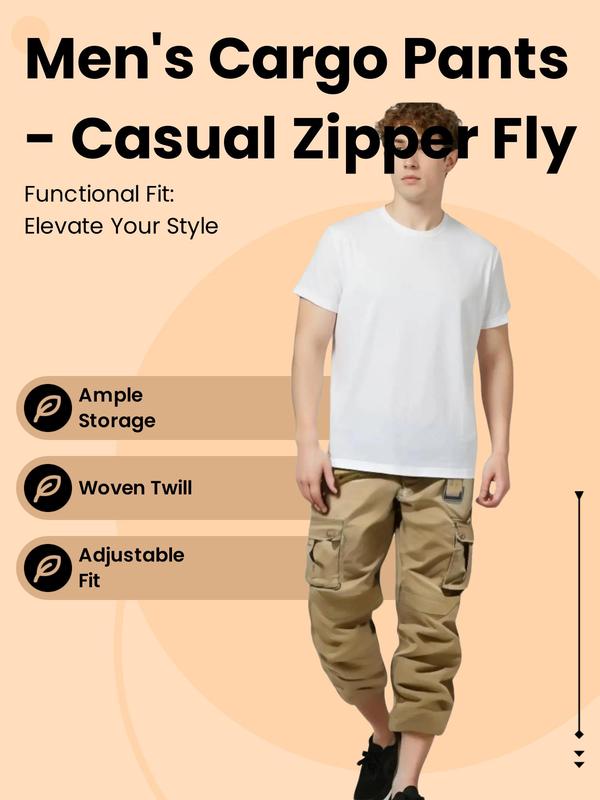 Menswear Regular Fit Plain Pocket Zipper Fly Cargo Pants without Waist Belt, Personalized Street Fashion Casual Straight Leg Trousers for Daily Wear,  Pants for Men, Woven Bottoms for Spring & Fall