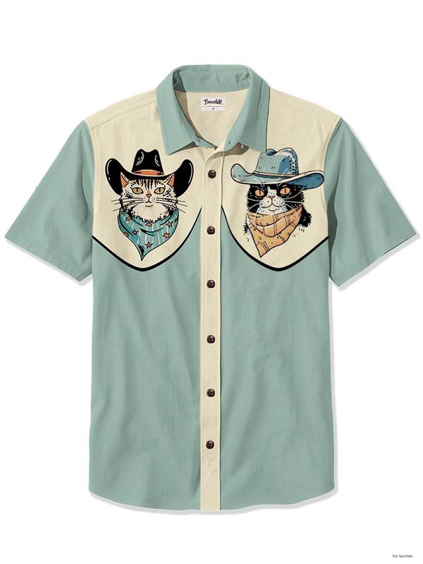 Western Cowcat Casual Short Sleeve Hawaiian Shirt, Western Cowboy Vintage Button Down Shirt, Cat Lover Gift