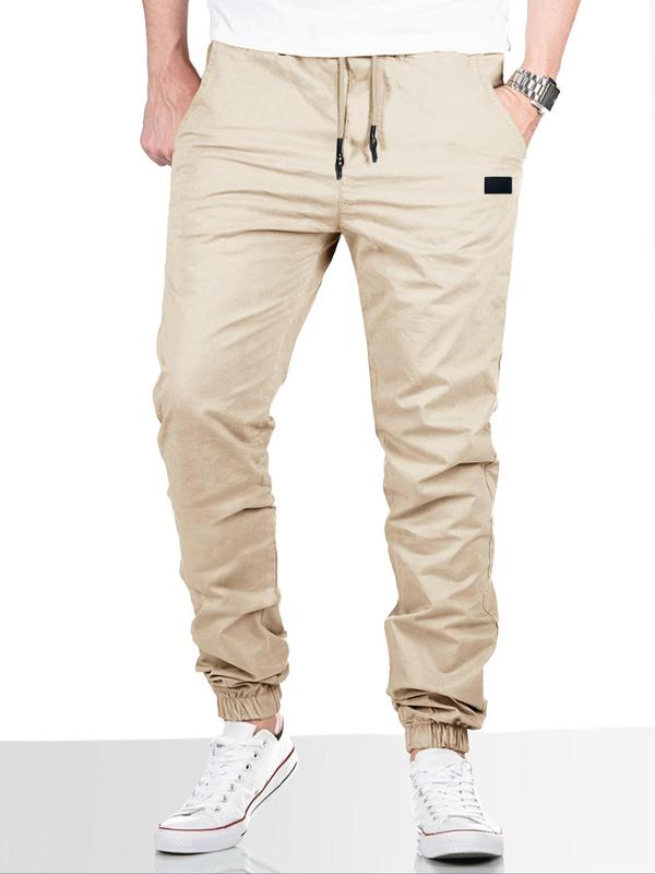 Men's Solid Pocket Drawstring Waist Pants, Regular Fit Casual Comfy Straight Leg Trousers for Daily Wear, Woven Bottoms for All Seasons