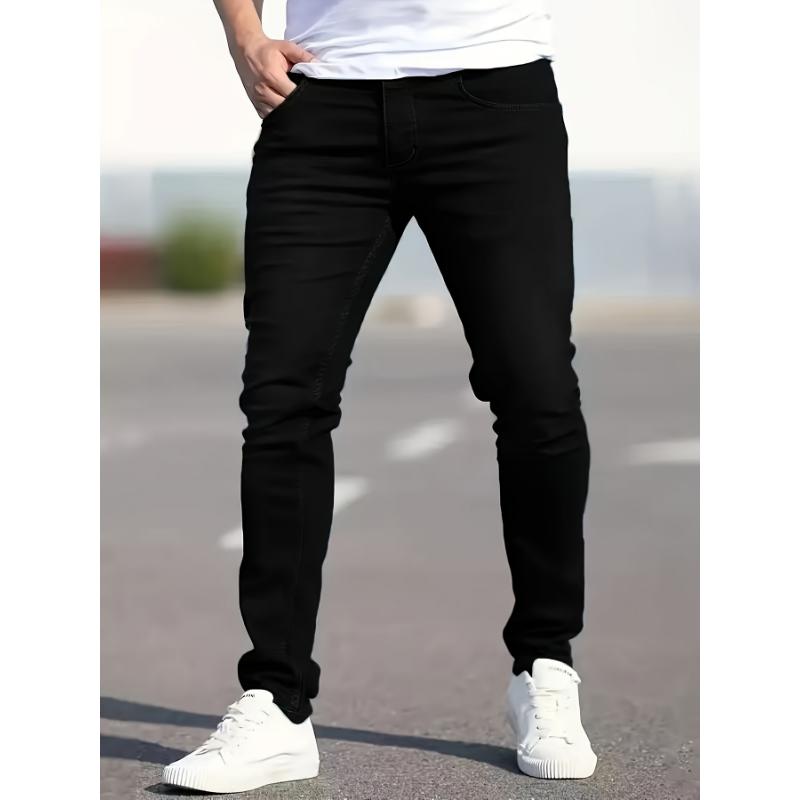 Stretchy Comfort Fit Slim Jeans - Men's Mid-Rise Solid Color Cotton Denim Pants for Spring and Summer - Breathable, Soft, and Versatile Casual Wear