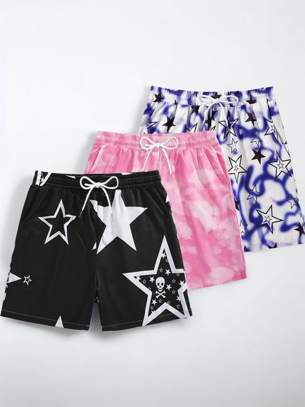 Men's Star Graphic Pocket Drawstring Shorts, Random Print Casual Regular Fit Elastic Waist Beach Shorts, Summer Bottoms for Men