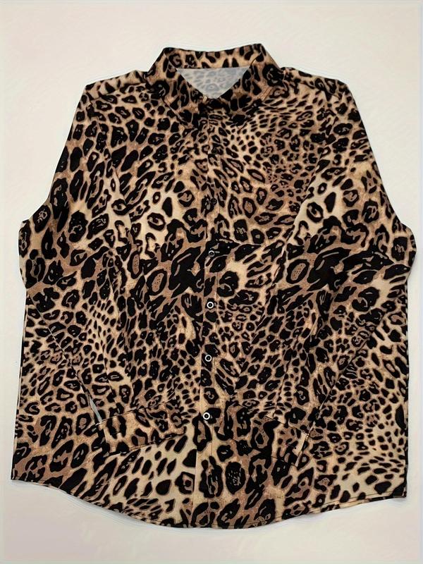  Leopard Print Button Front Shirt, Regular Fit Casual Long Sleeve Collared Top for Daily Outdoor Wear, Men's Clothes for All Seasons