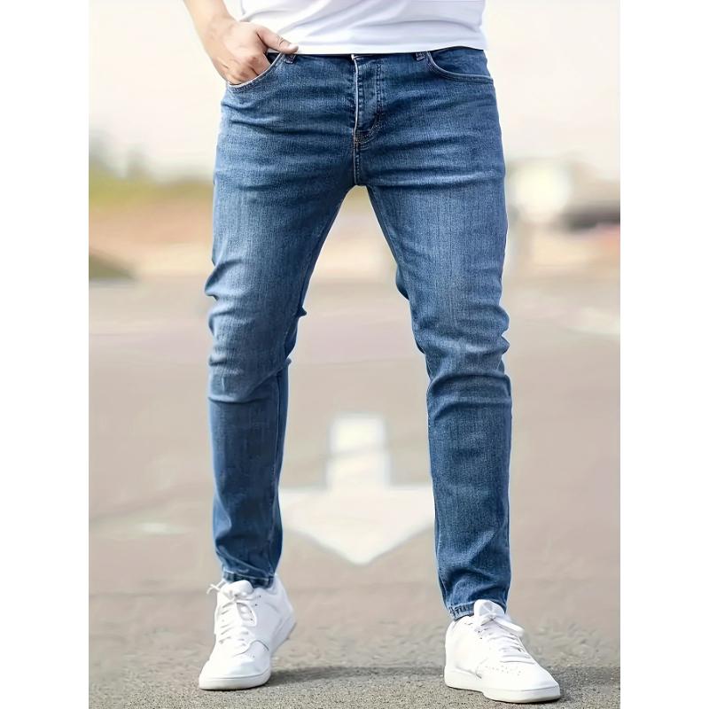 Stretchy Comfort Fit Slim Jeans - Men's Mid-Rise Solid Color Cotton Denim Pants for Spring and Summer - Breathable, Soft, and Versatile Casual Wear