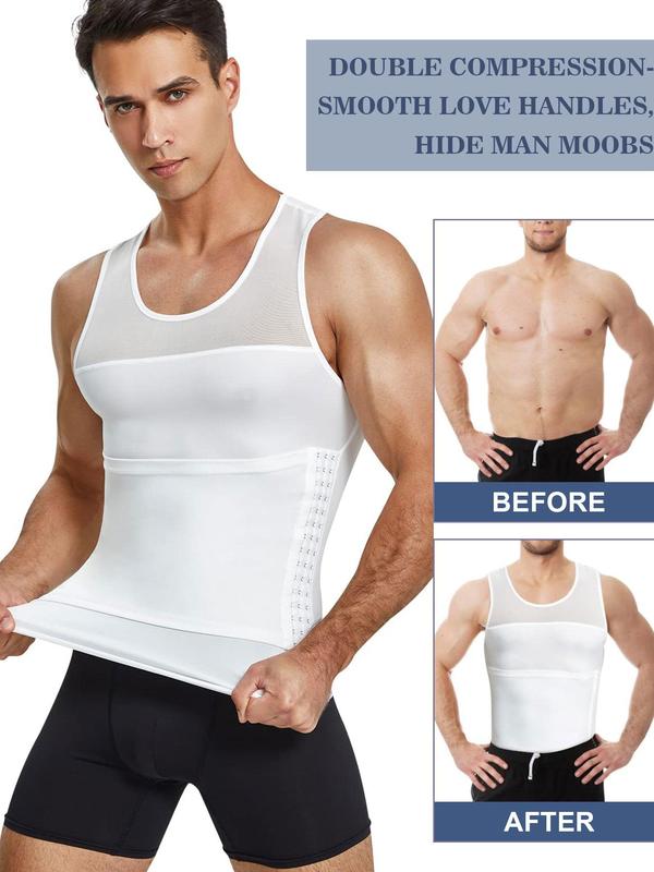 Men's Contrast Mesh Shapewear Tank Top, Adjustable Hook & Eye Compression Fajas Vests, Summer Tummy Control Shaper