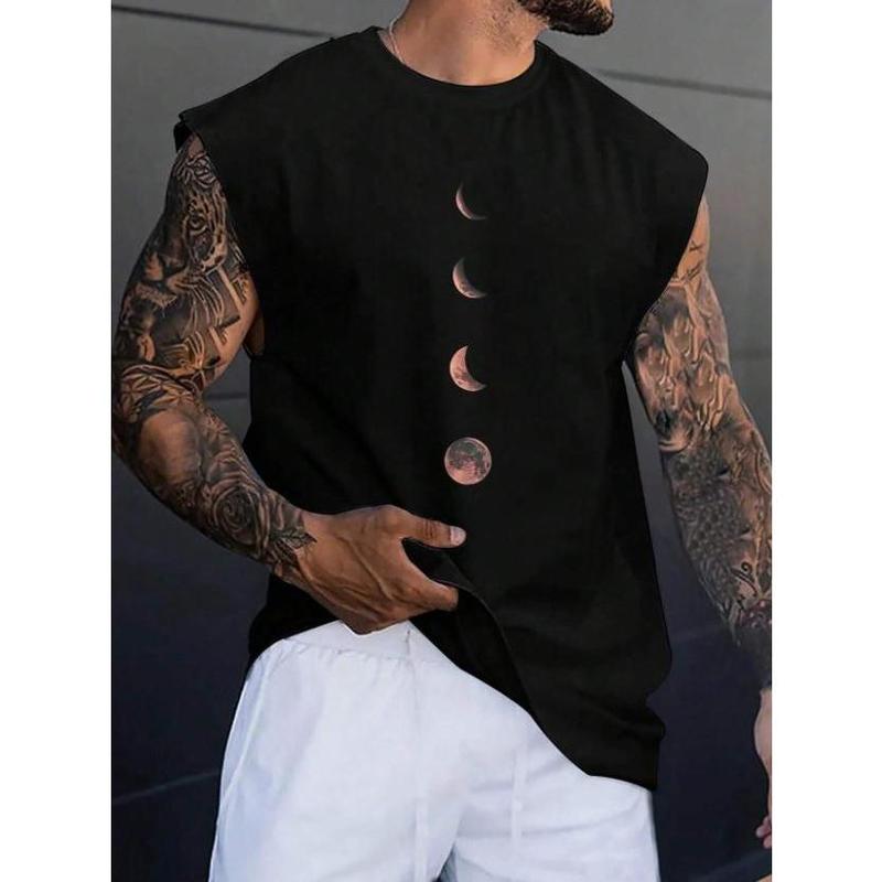 Men's Wide Shoulder Tank Top With Moon Print For Spring Summer Casual Round Neck