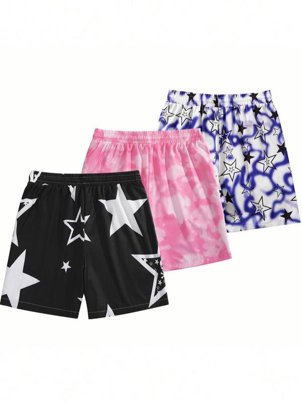 Men's Star Graphic Pocket Drawstring Shorts, Random Print Casual Regular Fit Elastic Waist Beach Shorts, Summer Bottoms for Men