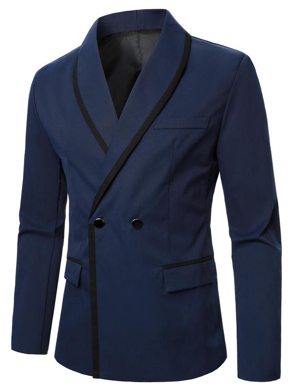 Men's Striped Trim Double Button Shawl Collar Blazer, Business Formal Flap Detail Long Sleeve Suit Jacket for Work Office, Men's Clothing for All Seasons