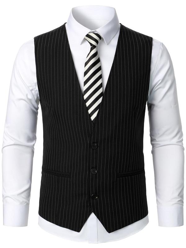 Men's Striped Print Button Front V Neck Waistcoat without Shirt, Slim Fit Casual Sleeveless Blazer Vest for Party, Fashion Men's Clothes for All Seasons