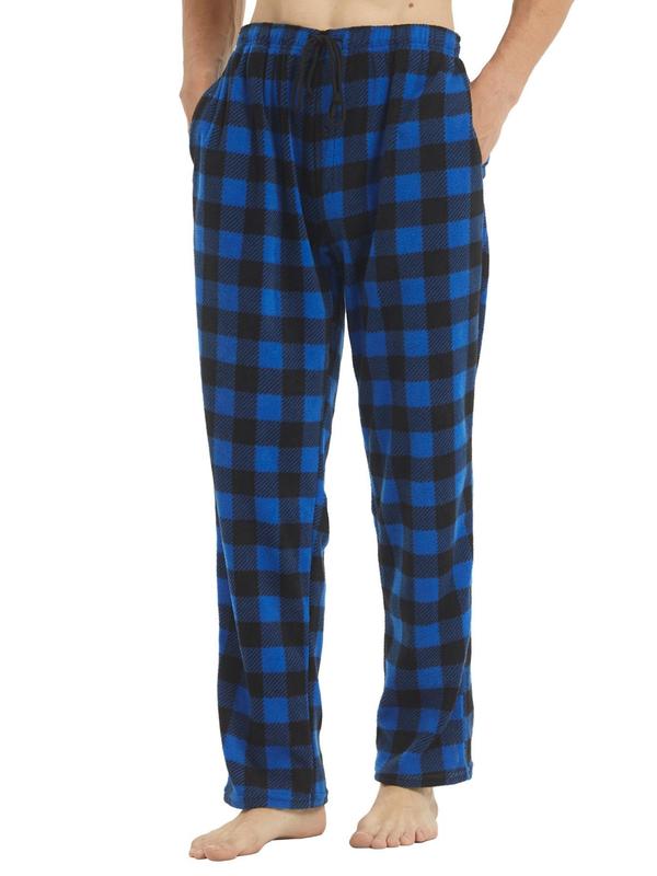 Men's Plaid Print Pocket Sleep Pants, Regular Fit Casual Drawstring Waist Straight Leg Pajama Trousers, Men's Sleep Bottoms for Fall & Winter