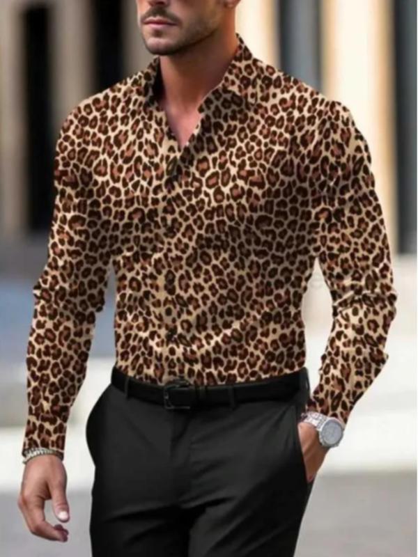  Leopard Print Button Front Shirt, Regular Fit Casual Long Sleeve Collared Top for Daily Outdoor Wear, Men's Clothes for All Seasons